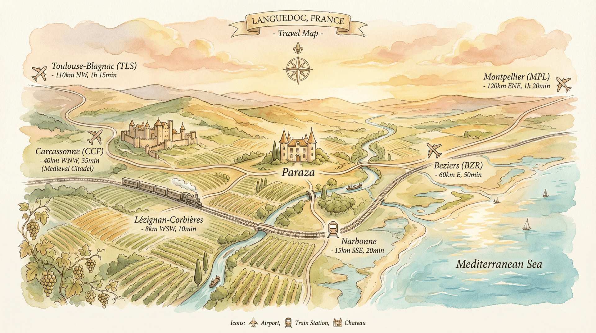 Map showing Chateau de Paraza location and nearby airports